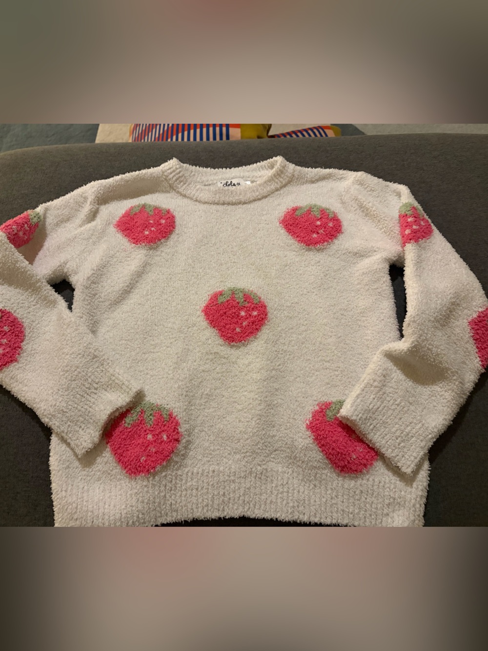 Lola + The Boys Cream Sweater with Pink Strawberry Motifs